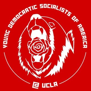 Young Democratic Socialists of America at UCLA logo featuring a circular white emblem and rose motif on a red background